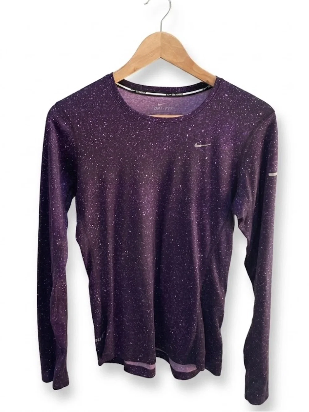 Nike Womens Small Dri FIT Speckled Purple Long Sleeve Running Shirt Reflective E